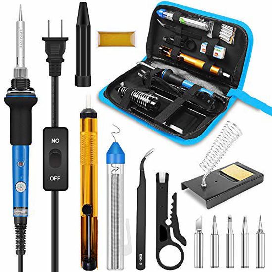 Picture of Soldering Iron, Soldering Iron Kit Electronics, 60W Adjustable Temperature Welding Tool, 5pcs Soldering Iron Tip, Soldering Iron Stand, Desoldering Pump, Tweezers, Solder Wire, Rosin, Carry Bag