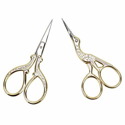 Picture of AQUEENLY Embroidery Scissors, Stainless Steel Sharp Stork Scissors for Sewing Crafting, Art Work, Threading, Needlework - DIY Tools Dressmaker Small Shears - 2 Pcs (3.6 Inches, Gold)