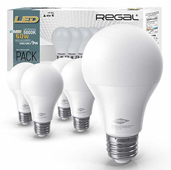 Picture of Regal LED A19 Light Bulb 5000K Daylight 800-Lumen, 9-Watt (60-Watt Equivalent), E26 Base, 5000 Kelvin, Day Light, 5-Pack, Non-Dimmable