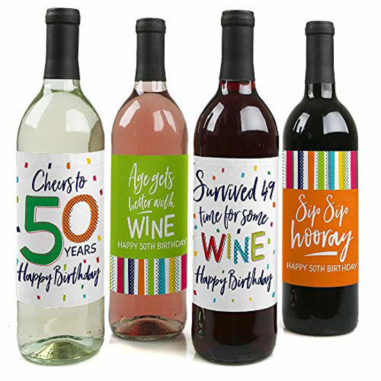 Picture of 50th Birthday - Cheerful Happy Birthday - Colorful Fiftieth Birthday Party Decorations for Women and Men - Wine Bottle Label Stickers - Set of 4