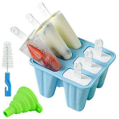 Picture of Helistar Popsicle Molds 6 Pieces Silicone Ice Pop Molds BPA Free Popsicle Mold Reusable Easy Release Ice Pop Maker with Silicone Funnel and Cleaning Brush, Blue