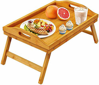 Picture of Pipishell Bamboo Bed Tray Table Breakfast Serving Tray with Foldable Legs for Sofa, Bed, Food Eating, Working, Used As Laptop Desk Snack Tray