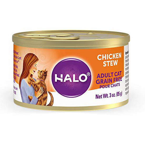 Picture of Halo Grain Free Natural Wet Cat Food - Premium and Holistic Whole Meat Chicken Stew - 3oz Can (Pack of 12) - Sustainably Sourced Adult Cat Food thats non-GMO, BPA Free, and Highly Digestible