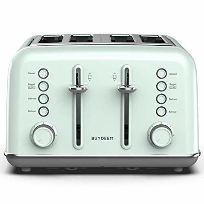 Picture of BUYDEEM DT-6B83 4-Slice Toaster, Extra Wide Slots, Retro Stainless Steel with High Lift Lever, Bagel and Muffin Function, Removal Crumb Tray, 7-Shade Settings (Cozy Greenish)