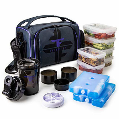 Picture of ThinkFit Insulated Meal Prep Lunch Box with 6 Food Portion Control Containers - BPA-Free, Reusable, Microwavable, Freezer Safe - With Shaker Cup, Pill Organizer, Shoulder Strap & Side Pocket (Purple)