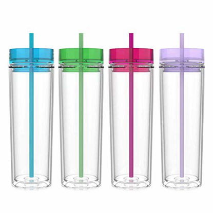 Picture of Maars Drinkware Double Wall Insulated Skinny Acrylic Tumblers with Straw and Lid, 16 oz. (4 pack, Tropical)