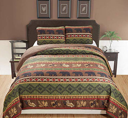 Picture of Rustic Western Southwestern Brown Quilt Set With Native American Designs Grizzly Bears and Pinecone Prints King / California King Bedspread 3 Piece Bear King / Cal-King