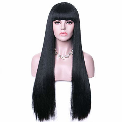 Picture of Rosa Star 26Long Straight Hair Wigs Natural Black Wig with Bangs Synthetic Full Wig for Women (1B)