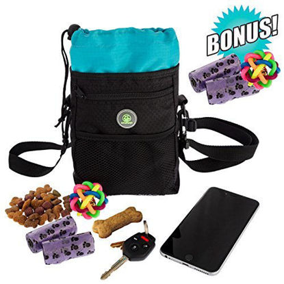 Picture of Dog Treat Pouch Training Poop Travel Bag with Collapsible Holder & Adjustable Belt Shoulder Strap Perfect for carrying Pet Food, Toys & Water + FREE BONUS Massage Ball & 2 Poop waste Bag Dispensers.