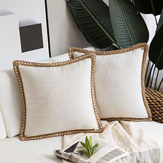 Picture of Phantoscope Pack of 2 Farmhouse Decorative Throw Pillow Covers Burlap Linen Trimmed Tailored Edges Off White 20 x 20 inches, 50 x 50 cm