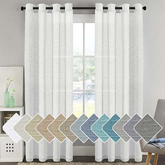 Picture of Window Treatments Linen Curtain Panels Open Weave White - Natural Linen Blended Sheer Curtains with Nickel Grommet for Living Room, Privacy Assured (52 by 96 Inch, Set of 2)