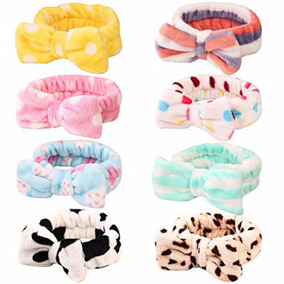 Picture of 8 Pack Spa Headband, Coral Fleece Makeup Headband Cosmetic Headband for Washing Face, Bow Headbands for Shower Terry Cloth Headbands for Women Facial Hair Band