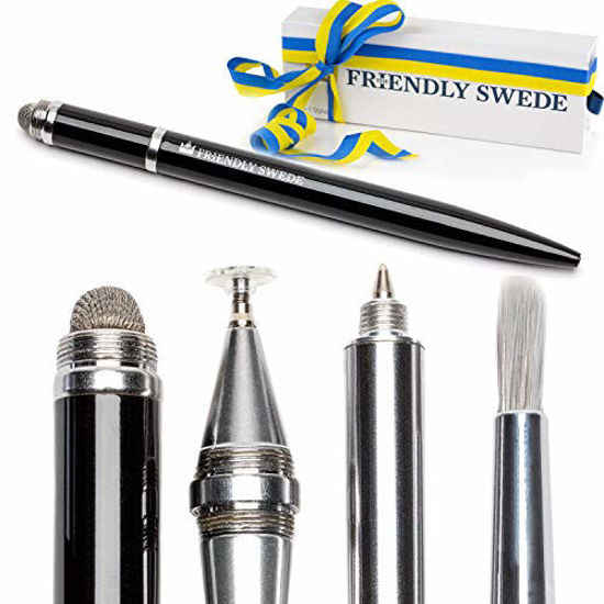 Picture of Capacitive 4-in-1 Stylus Pen with Replaceable Brush, Fiber Tip, Precision Disc + Ballpoint Pen in Box, by The Friendly Swede