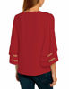 Picture of LookbookStore Women's Red V Neck Casual Mesh Panel Blouse 3/4 Bell Sleeve Solid Color Loose Top Shirt Size L(US 12-14)