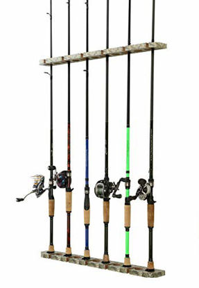 Picture of Old Cedar Outfitters 3-in-1 Hanging Fishing Rod Storage Rack, Hang on Walls Horizontally or Vertically, or on Ceilings, Up to 11 Rod Capacity, 25" x 3.15" x 1.4", Camo Finish (CTIO-011)