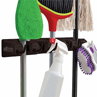 Picture of Gorilla Grip Premium Mop and Broom Holder, 5 Auto Adjust Slots, 6 Hooks, Holds Up to 50 Lbs, Easy Install Wall Mount, Store Cleaning and Gardening Tools, Organize Kitchen, Garage, Storage Rooms, Brown