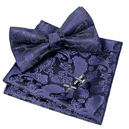 Picture of Men's Paisley Bow Tie& Hanky& Cufflinks Set (Dark Navy)