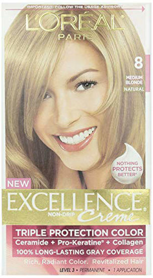 Picture of L'Oreal Paris Excellence Creme Permanent Hair Color, 8 Medium Blonde, 100 percent Gray Coverage Hair Dye, Pack of 1