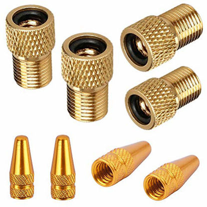 Picture of EPSVCSEWN Anodized Aluminum Alloy Bicycle Dust Covers Presta Tire Valve Caps and Copper Presta to Schrader Bike Car Valve Adaptor Tube Pump Air Compressor Tools (Gold)