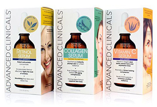 Picture of Advanced Clinicals Complete Skin Care Set with Anti-Aging Retinol Serum, Plumping Collagen Serum, and Vitamin C Serum for wrinkles, dark spots, and uneven skin tone. Three large 1.75oz bottles