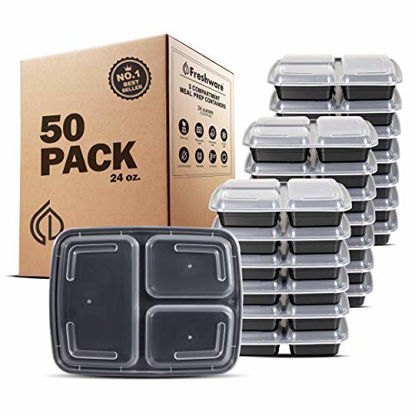 Picture of Freshware Meal Prep Containers [50 Pack] 3 Compartment Food Storage Containers with Lids, Bento Box, BPA Free, Stackable, Microwave/Dishwasher/Freezer Safe (24 oz)