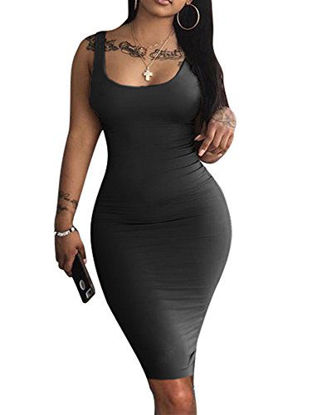 Picture of LAGSHIAN Women's Sexy Bodycon Tank Dress Sleeveless Basic Midi Club Dresses Black