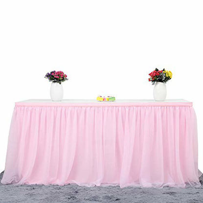 Picture of Suppromo 6ft Pink Tulle Table Skirt for Rectangle or Round Tables Tutu Table Skirt for Baby Shower Girl Gender Reveal Wedding Birthday Party Cake Dessert Table Decorations(L6(ft) H 30in, Pink)
