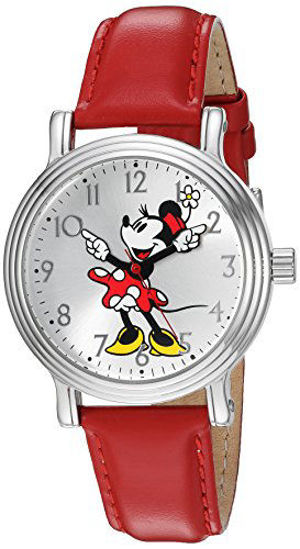 Picture of Disney Minnie Mouse Women's Silver Vintage Alloy Watch, Red Leather Strap, W002760