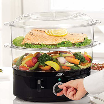 Picture of BELLA Two Tier Food Steamer, Healthy, Fast Simultaneous Cooking, Stackable Baskets for Vegetables or Meats, Rice/Grains Tray, Auto Shutoff & Boil Dry Protection, 7.4 QT, Black