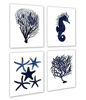 Picture of Dark Navy Beach Wall Decor Set of 4 Unframed Sea Corals, Seahorse Starfish Beach Bathroom Art Dark_Navy_Beach_Decor_C5