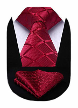 Picture of HISDERN Plaid Tie Handkerchief Woven Classic Men's Necktie & Pocket Square Set Maroon