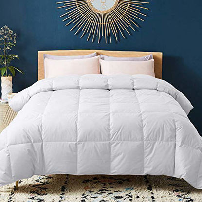 Picture of WhatsBedding 100% Cotton Down Comforter with Corner Tabs White Goose Duck Down and Feather Filling Medium Warmth All Season Duvet Insert or Stand-Alone Comforter Queen/Full