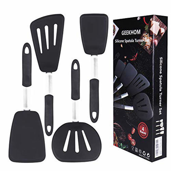 Picture of Silicone Spatulas for Nonstick Cookware, GEEKHOM 600F Heat Resistant Extra Large and Wide Flexible Spatulas Rubber Turners, Kitchen Cooking Utensils Set for Pancake, Eggs, Fish, Omelet(4 Pack, Black)