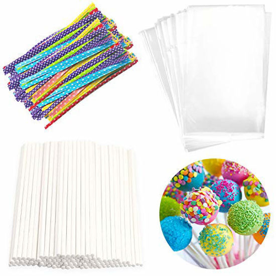 Picture of Lollipop Cake Pop Treat Bag Set Including 100pcs Parcel Bags, 100pcs Papery Treat Sticks, 100pcs Colorful Metallic Twist Ties for Making Lollipops, Cake Pops, Candies, Chocolates and Cookies