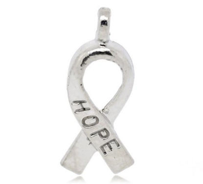 Picture of Housweety 100pcs Silver Tone"Hope" Ribbon Awareness Pendants 19x8mm
