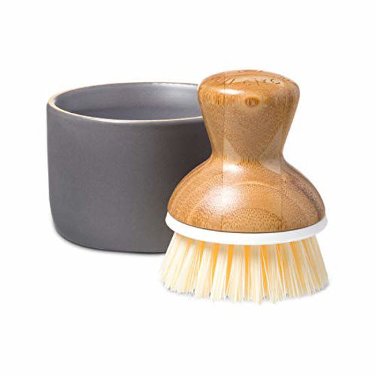 Picture of Full Circle Bubble Up Ceramic Soap Dispenser & Bamboo Dish Brush, White/Gray