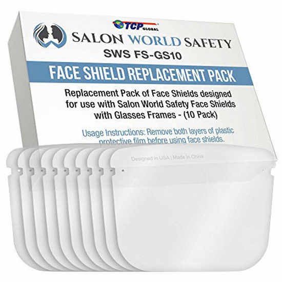 Picture of TCP Global Salon World Safety Replacement Face Shields Only (Pack of 10), Glasses Frames Not Included - Fits Most Brands, Ultra Clear, Full Face, Protect Eyes Nose Mouth, Anti-Fog PET Plastic, Goggles