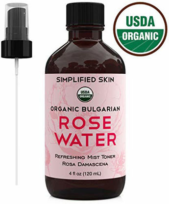 Picture of Rose Water for Face & Hair, USDA Certified Organic Facial Toner. Alcohol-Free Makeup Setting Hydrating Spray Mist. 100% Natural Anti-Aging Petal Rosewater by Simplified Skin (4 oz) - 1 Pack