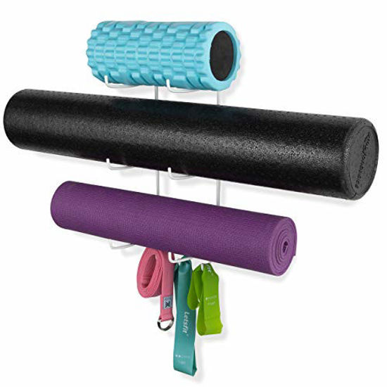 Picture of Wallniture Guru Wall Mount Yoga Mat Home Gym Equipment Resistance Bands and Foam Roller Holder with 3 Hooks 3 Sectional Metal White