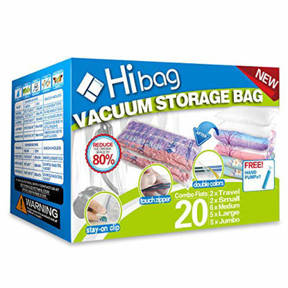Picture of Hibag Space Saver Bags, 20 Pack Vacuum Storage Bags (6 Medium, 5 Large, 5 Jumbo, 2 Small, 2 Roll Up Bags) with Hand Pump for Bedding, Comforter, Pillows, Towel, Blanket, Clothes