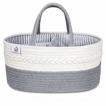 Picture of KiddyCare Baby Diaper Caddy Organizer - Stylish Rope Nursery Storage Bin 100% Cotton Canvas Portable Diaper Storage Basket for Changing Table & Car - Top Baby Shower Gift