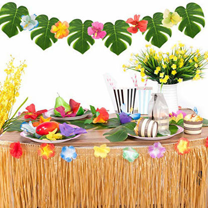 Picture of Joyclub Hawaiian Tropical Party Decorations with 9ft Hawaiian Luau Grass Table Skirt Palm Leaves and Hibiscus Flowers (Gold)