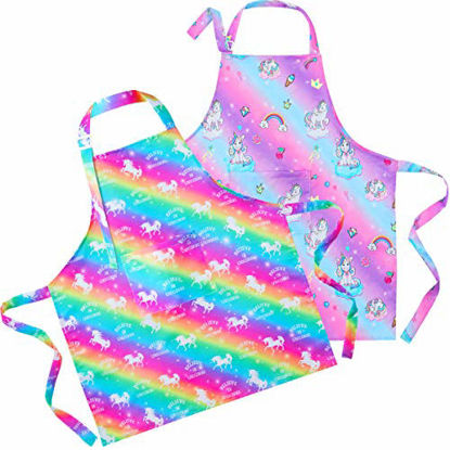 Picture of Sylfairy 2 Pack Aprons for Kids Girls Rainbow Unicorn Apron with Pockets for Children Kichen Chef Aprons for Cooking Baking Painting and Party Family Gifts(Small,3-5Years)
