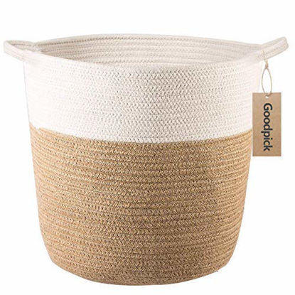 Picture of Goodpick Cotton Rope Storage Basket- Jute Basket Woven Planter Basket Rope Laundry Basket with Handles for Toys, Blanket and Pot Plant Cover, 16.0" x15.0" x12.6"
