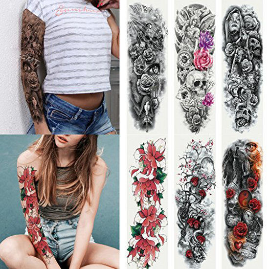 Picture of Kotbs 6 Sheets Full Arm Temporary Tattoo, Waterproof Extra Large Temporary Tattoos for Women Men Adults Black Skull Rose Body Art Tattoo Sticker Fake Tattoo