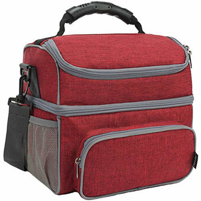 Picture of FlowFly Double Layer Cooler Insulated Lunch Bag Adult Lunch Box Large Tote Bag for Men, Women, With Adjustable Strap,Front Pocket and Dual Large Mesh Side Pockets,Red