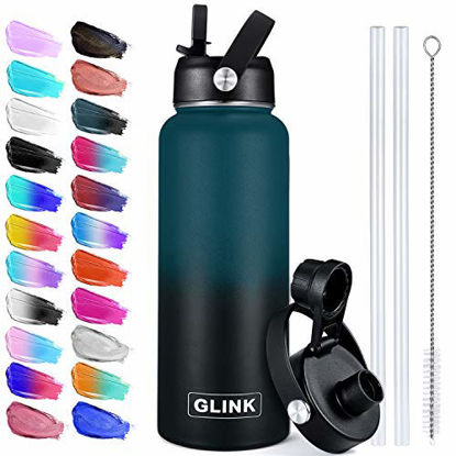 Picture of Stainless Steel Water Bottle with Straw - 32 oz Wide Mouth Double Wall Vacuum Insulated Water Bottle Leakproof, Straw Lid and Spout Lid with New Rotating Rubber Handle - Midnight Green