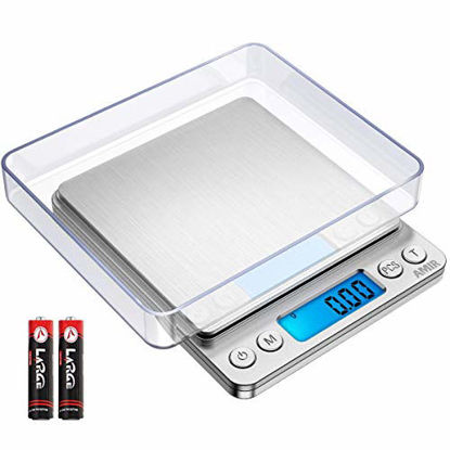 Picture of AMIR Digital Kitchen Scale Upgraded, 500g/0.01g Mini Pocket Jewelry Scale, Cooking Food Scale with Back-Lit LCD Display, 2 Trays, 6 Units, Auto Off, Tare, PCS Function, Stainless Steel