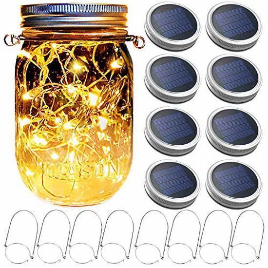 Picture of Mason Jar Solar Lantern Lights, 8 Pack 30 LED Bulbs Fairy Star Firefly Solar Lids Jar Lights,8 Hangers Included(No Jars),for Patio Garden Mason Jar Lanterns Table Wedding Decorations Lights