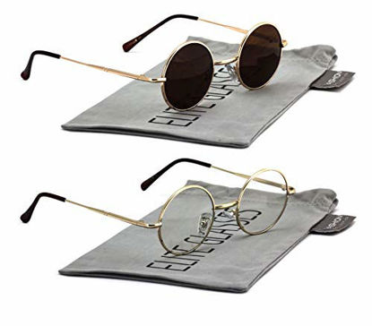 Picture of John Lennon Hipster Fashion Sunglasses Small Metal Round Circle Elton Style (2 PACK: Gold Brown and Gold Clear, 40)